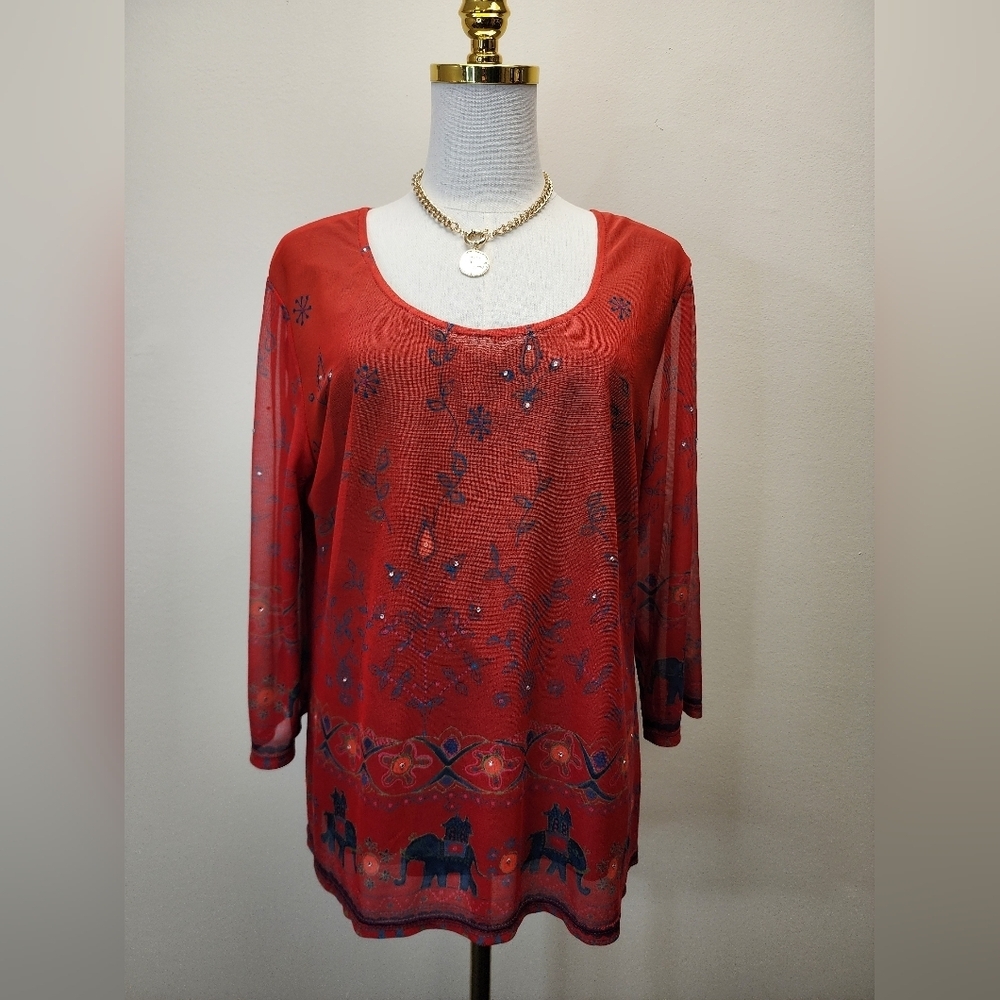 Carole Little Red Embellished Top, Size Large
